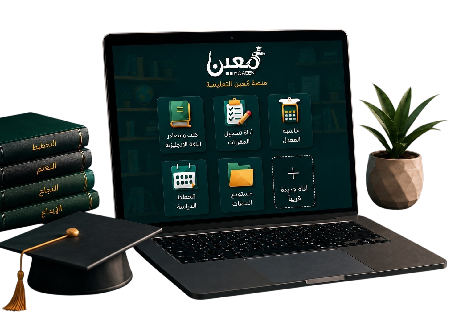 لابتوب مع كتب وقبعة تخرج ونبتة - منصة معين التعليمية